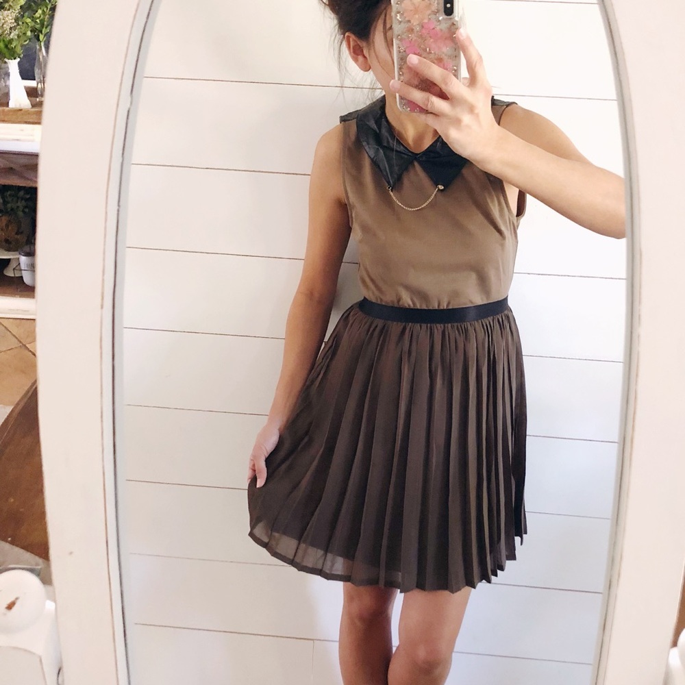 Brown fall dress with faux leather & pleated skirt